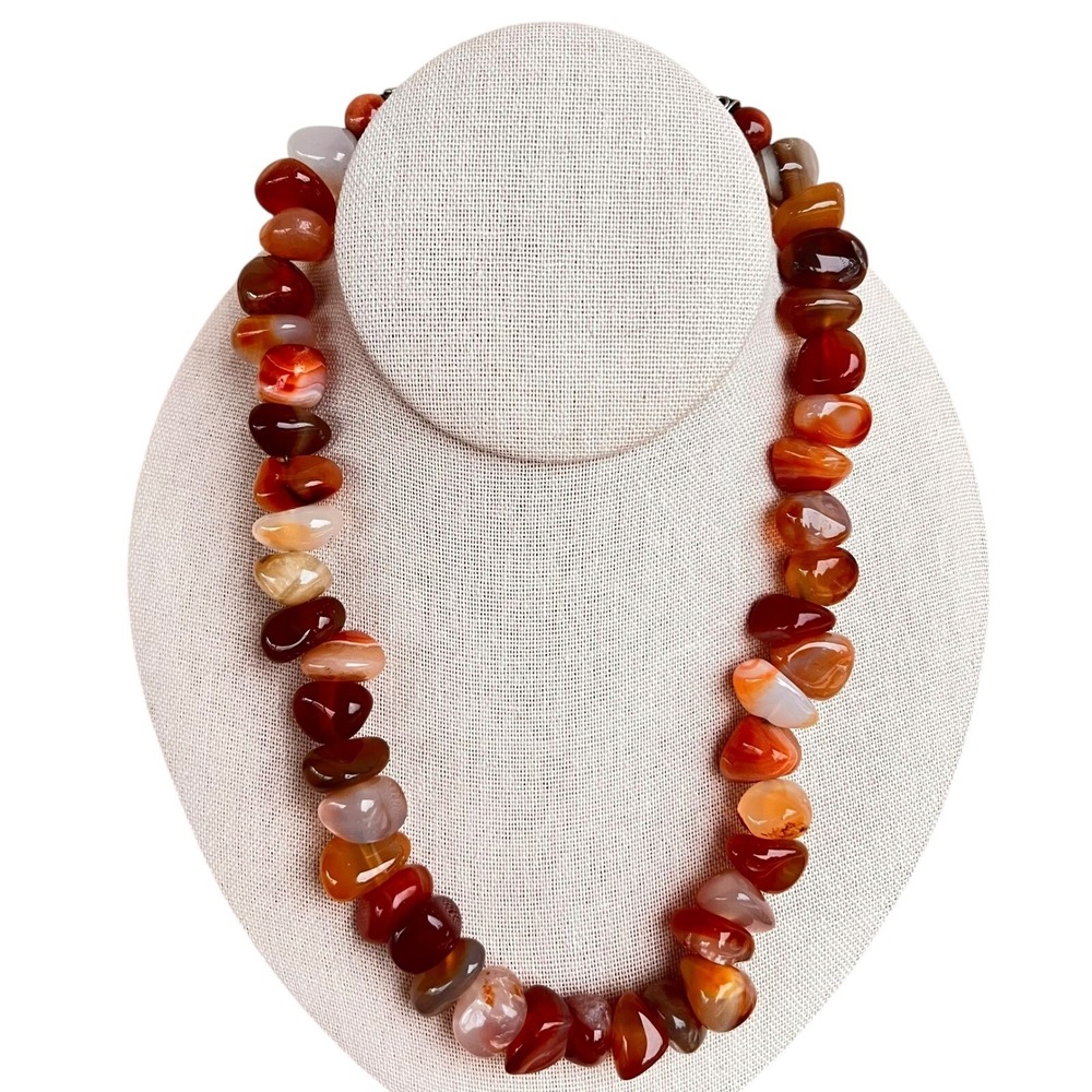Vtg Chunky Carnelian Stone Choker Necklace Gemstone Sterling Silver Clasp 16 in‎